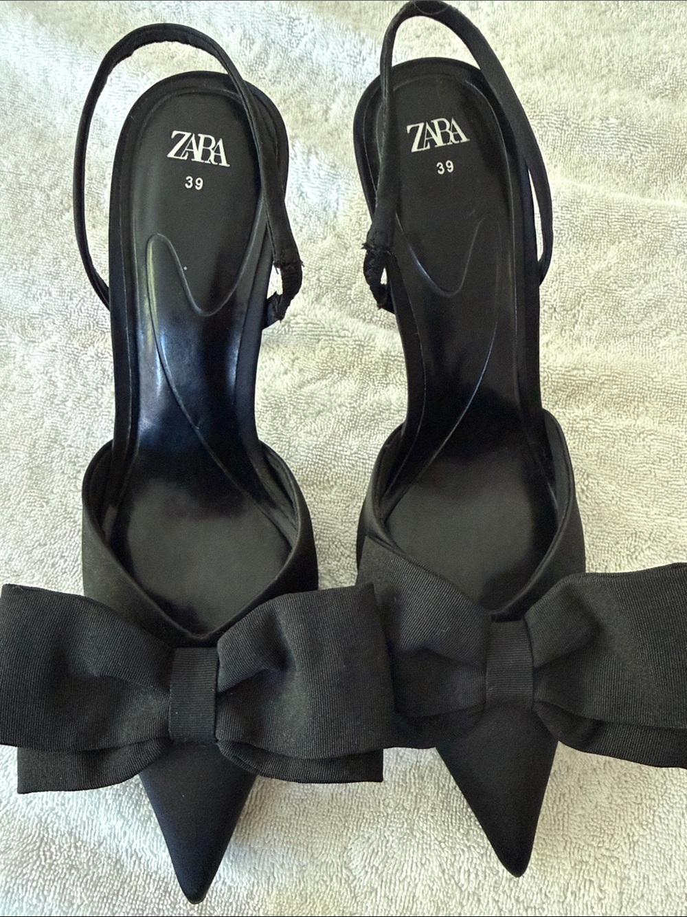 ZARA Black Satin Oversized Bow Pointed Toe Slingback Heels Pumps Size 39